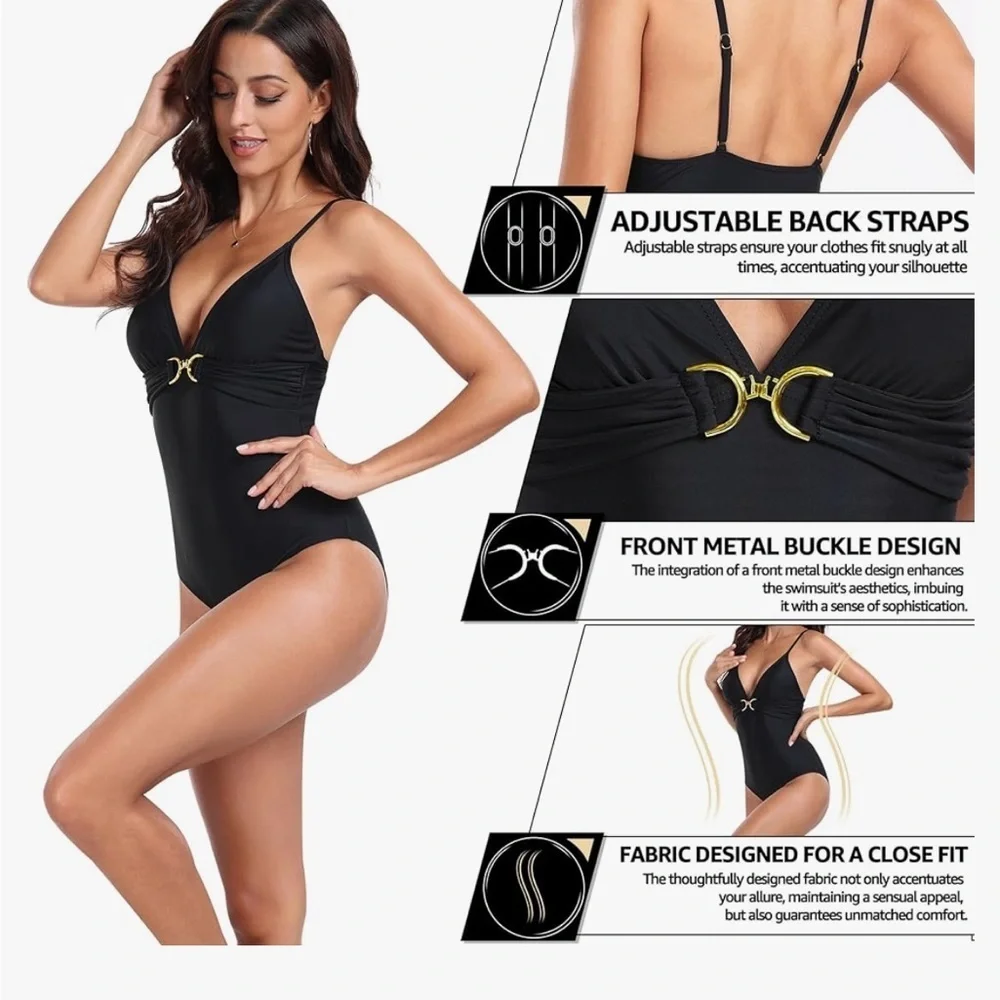 Black One-Piece Swimsuit with Gold Accent